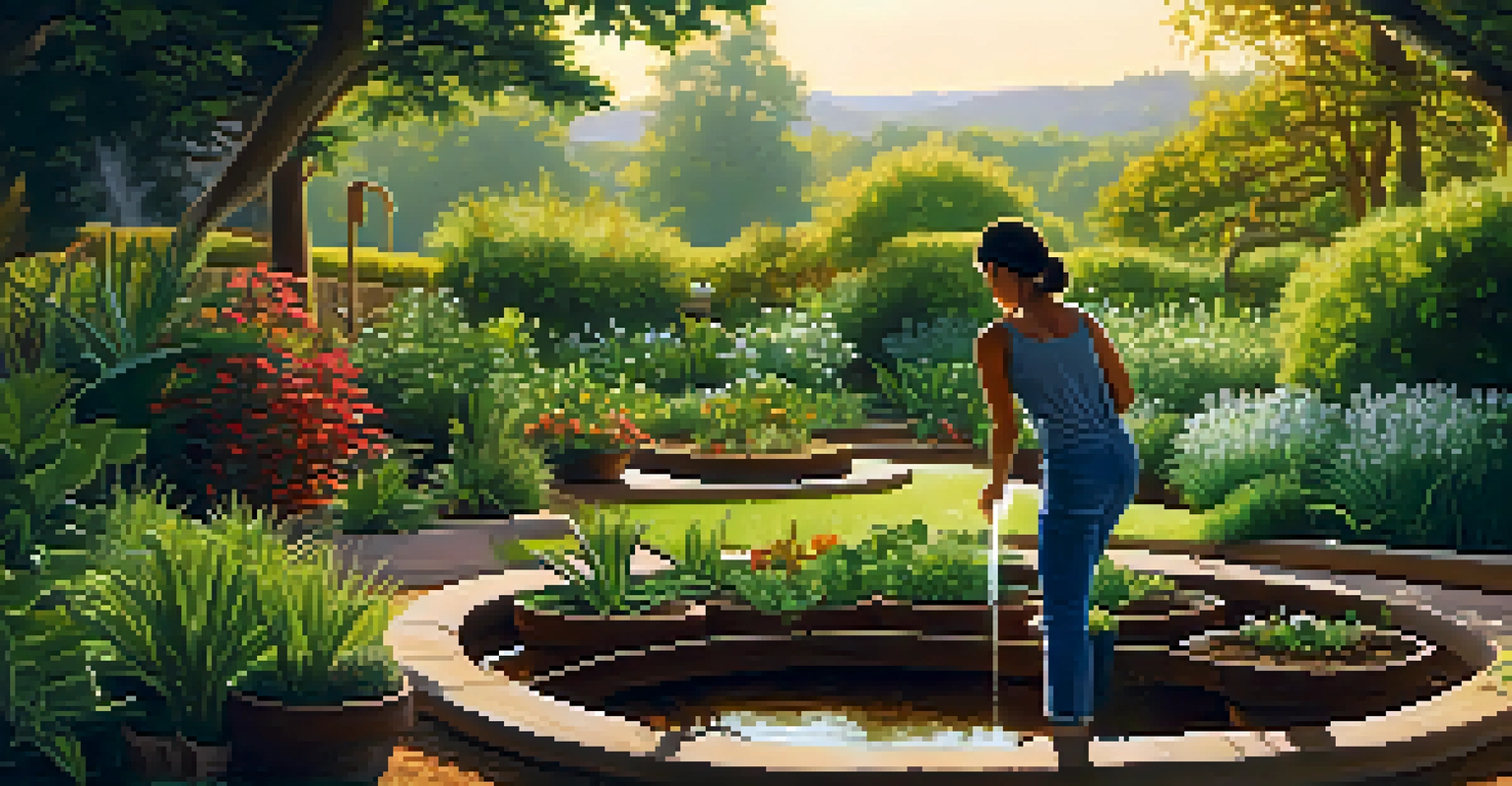 A person watering entheogenic plants in a garden, with sunlight highlighting the greenery and soil.