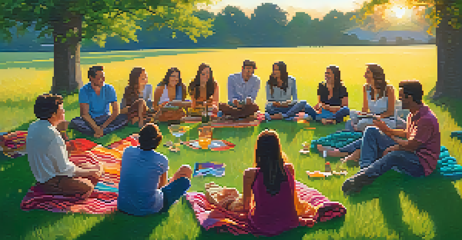 A group of friends sitting on blankets in a sunny outdoor setting, enjoying each other's company.