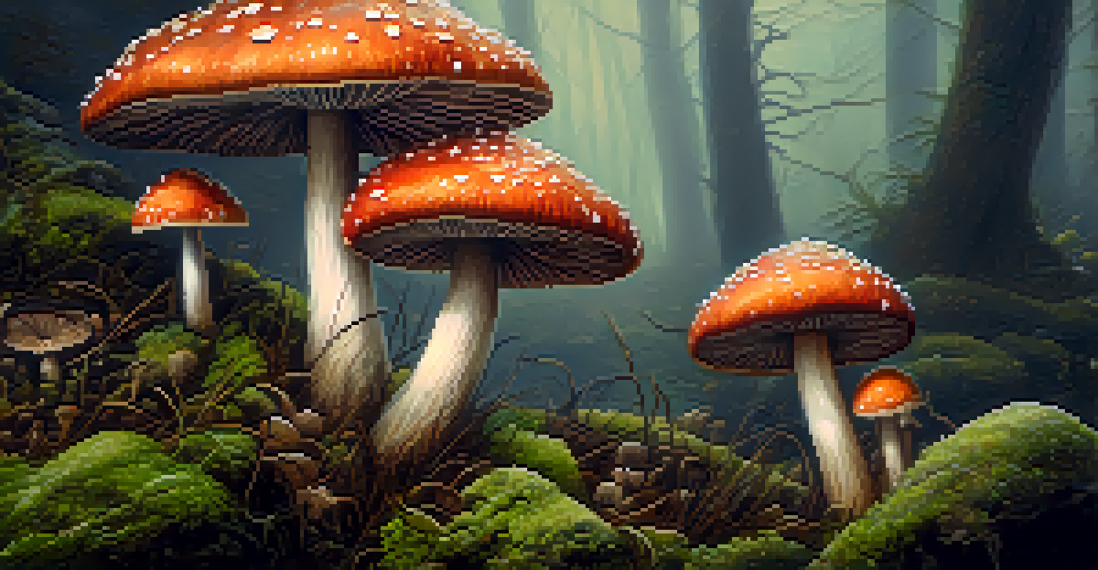 A close-up of sacred mushrooms in a mossy environment with intricate textures and vibrant colors under soft, diffused lighting, creating a mystical atmosphere.