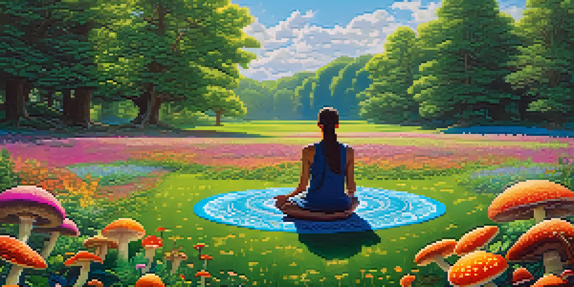 A peaceful scene with a meditative figure sitting on a mandala in a flower-filled field, surrounded by sacred plants and dappled sunlight.