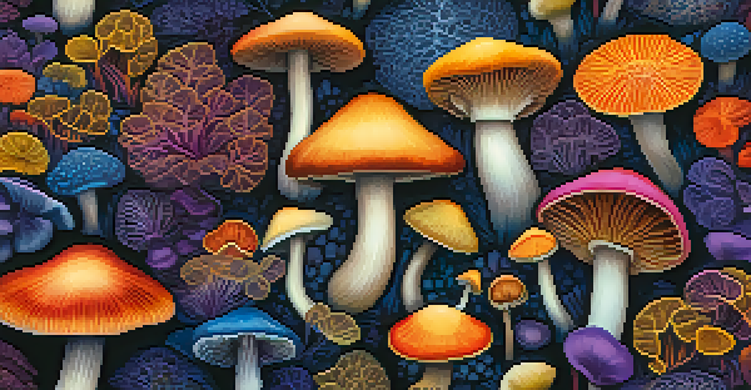 A detailed close-up of vibrant psychedelic mushrooms with colorful patterns on a dark background.