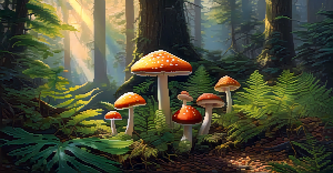 A peaceful forest with sunlight filtering through the trees, showcasing colorful mushrooms and green ferns.