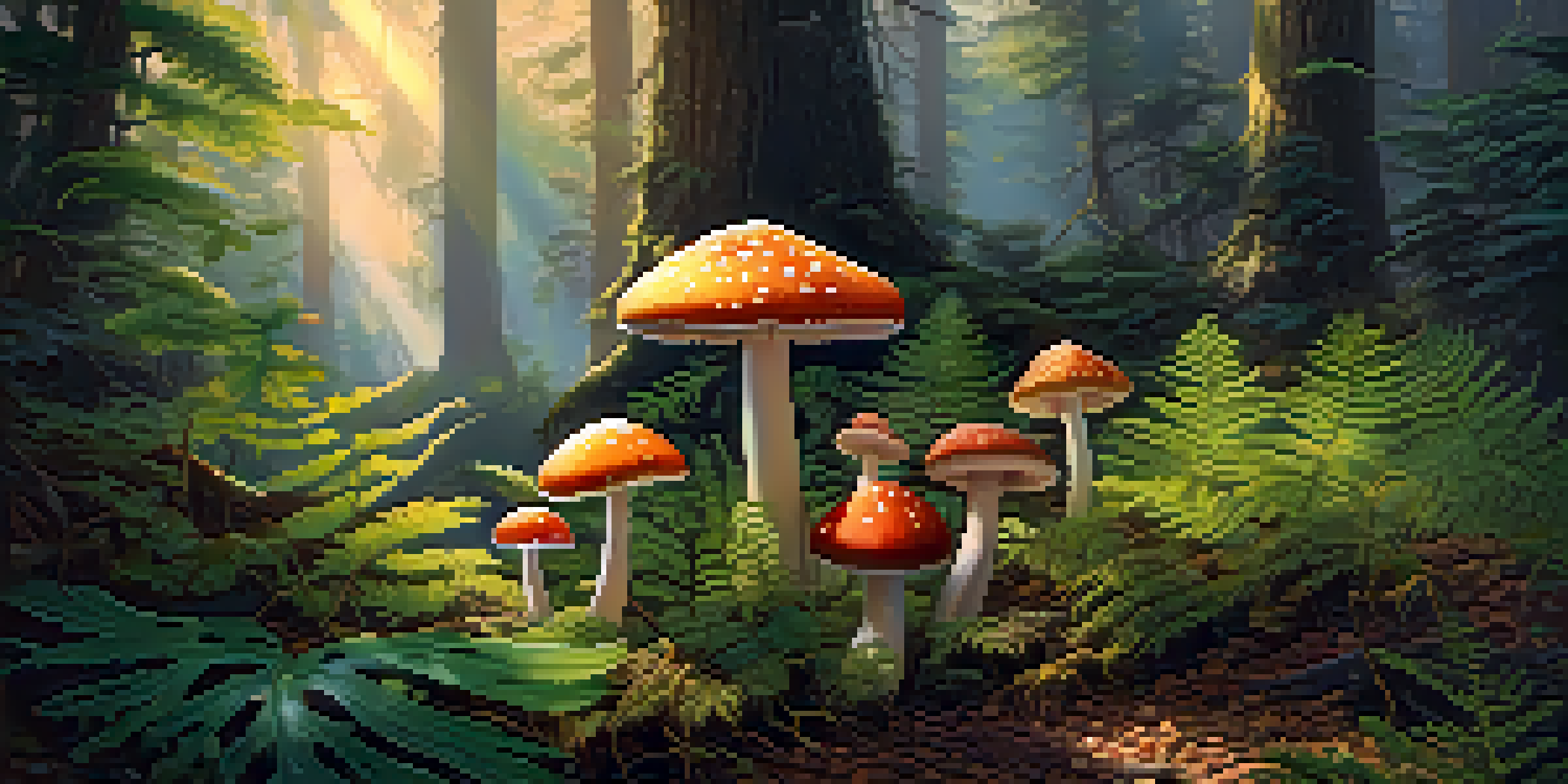 A peaceful forest with sunlight filtering through the trees, showcasing colorful mushrooms and green ferns.