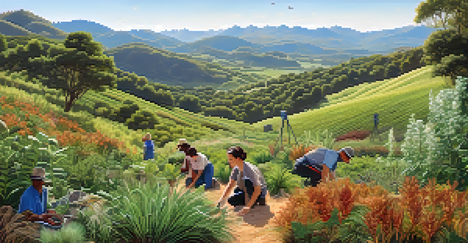 A vibrant landscape with people practicing sustainable harvesting of native plants.