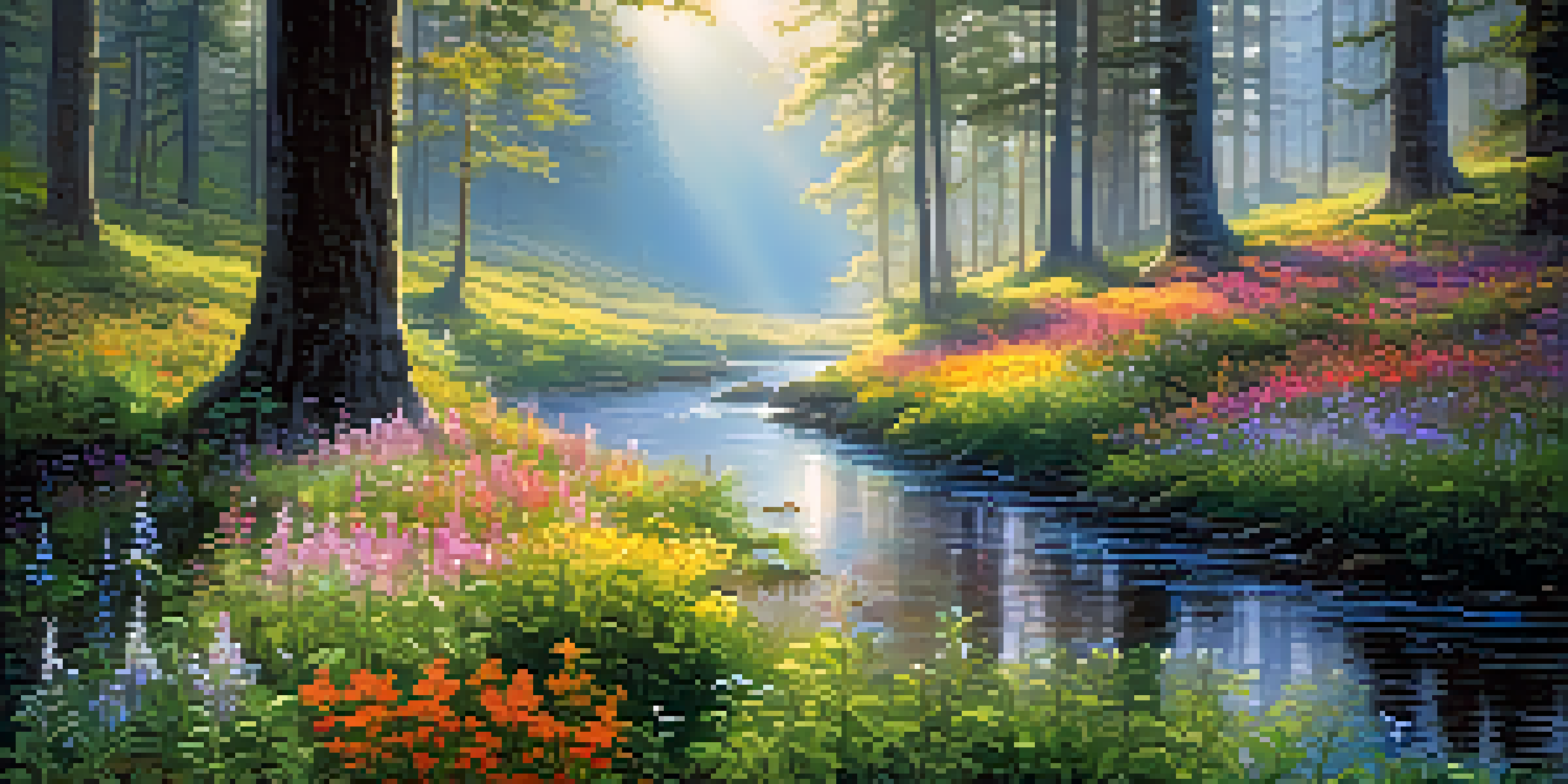 A peaceful forest with mist, sunlight filtering through trees, and colorful wildflowers by a stream.