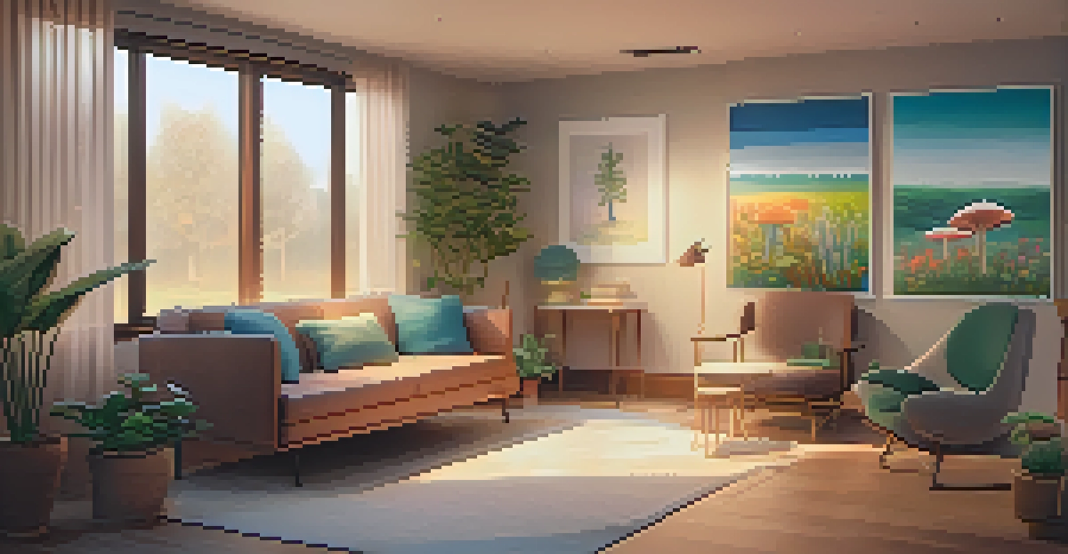 A warm and inviting therapy room where a therapist guides a patient during a psilocybin session, surrounded by calming decor and plants.