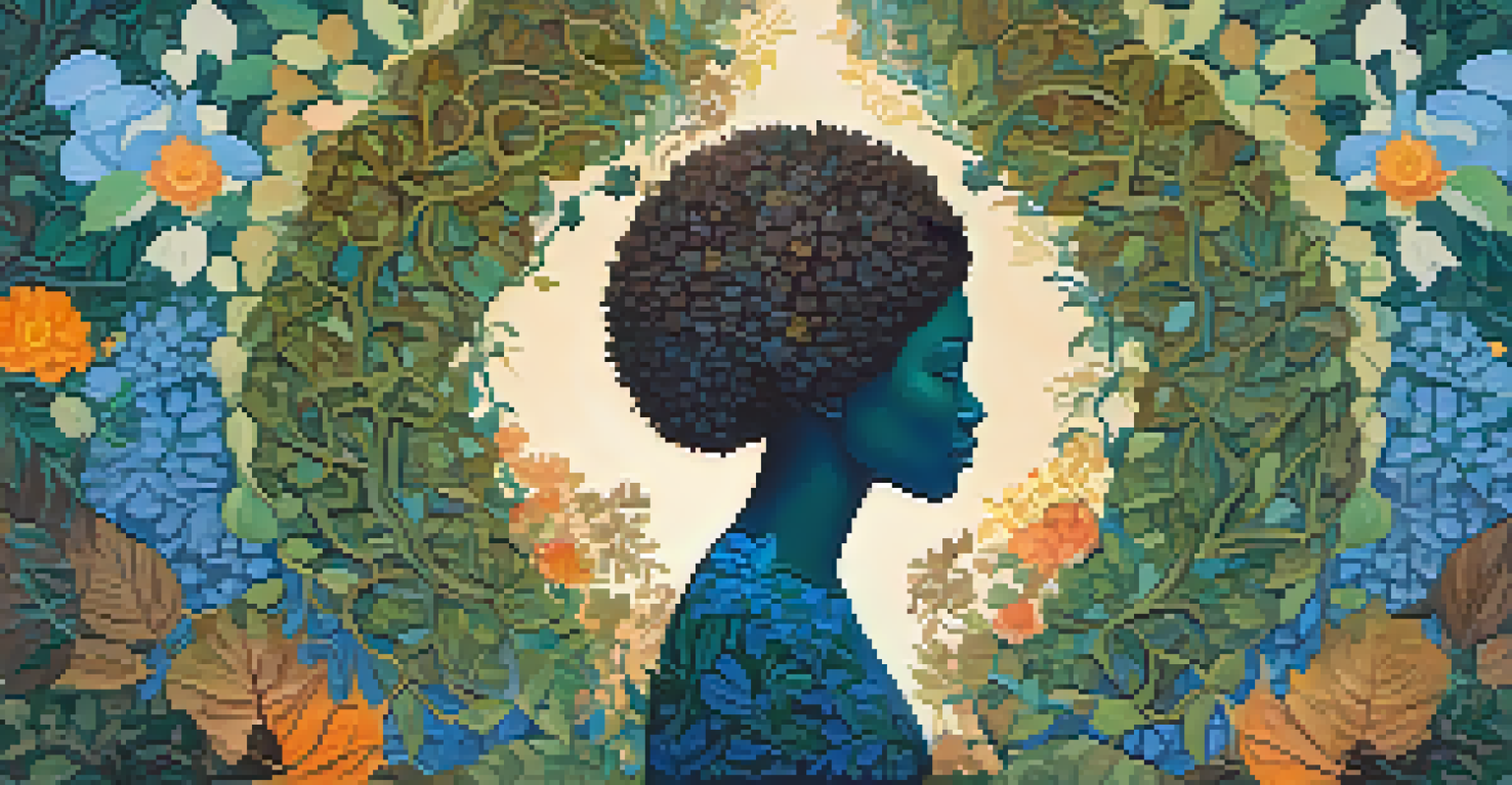 An artistic depiction of interconnectedness, featuring a human shape surrounded by vibrant patterns of nature, including plants and animals.