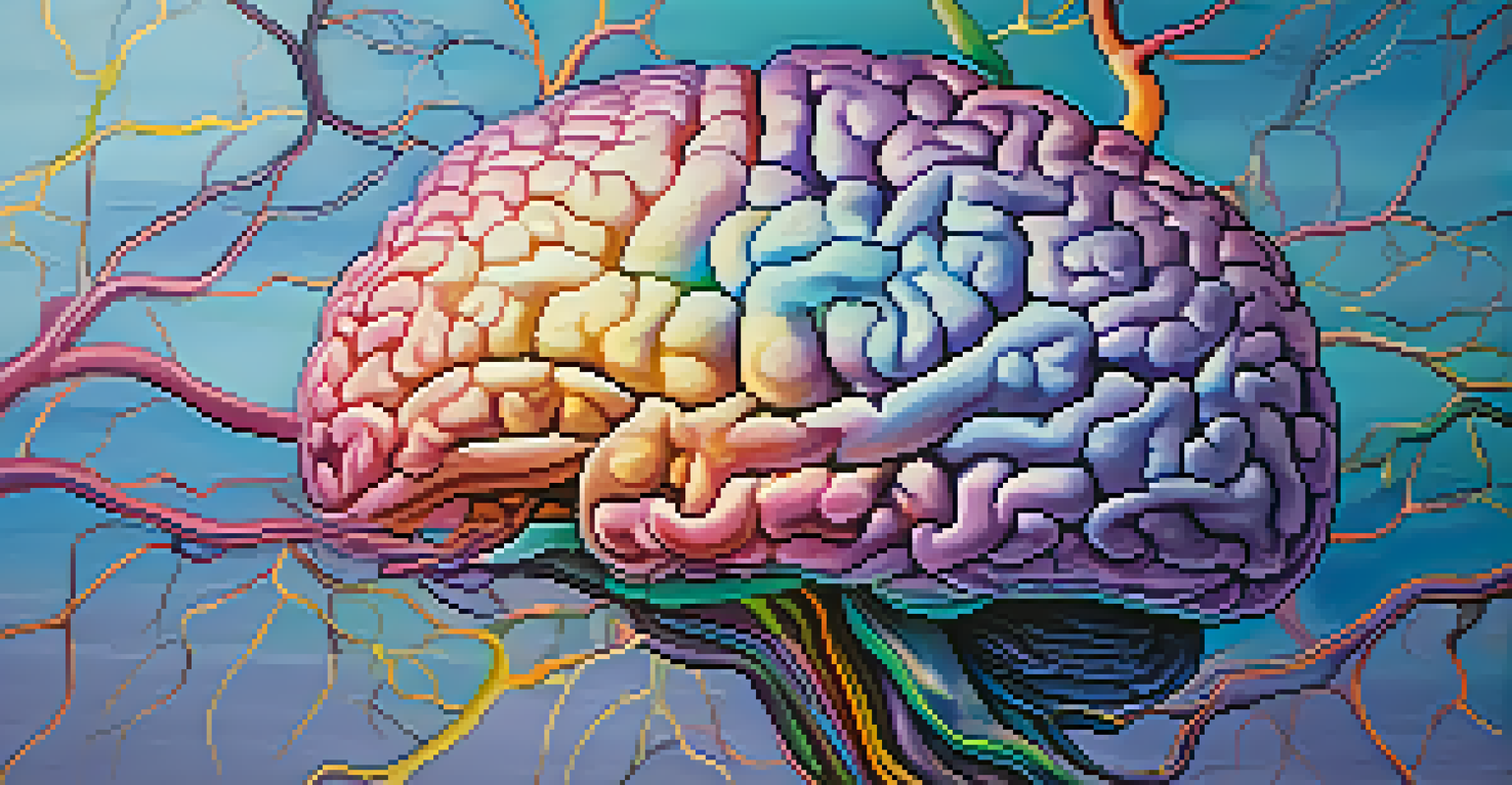 An artistic illustration of a brain with colorful neural connections, set against a blue and purple gradient background, with nature motifs.