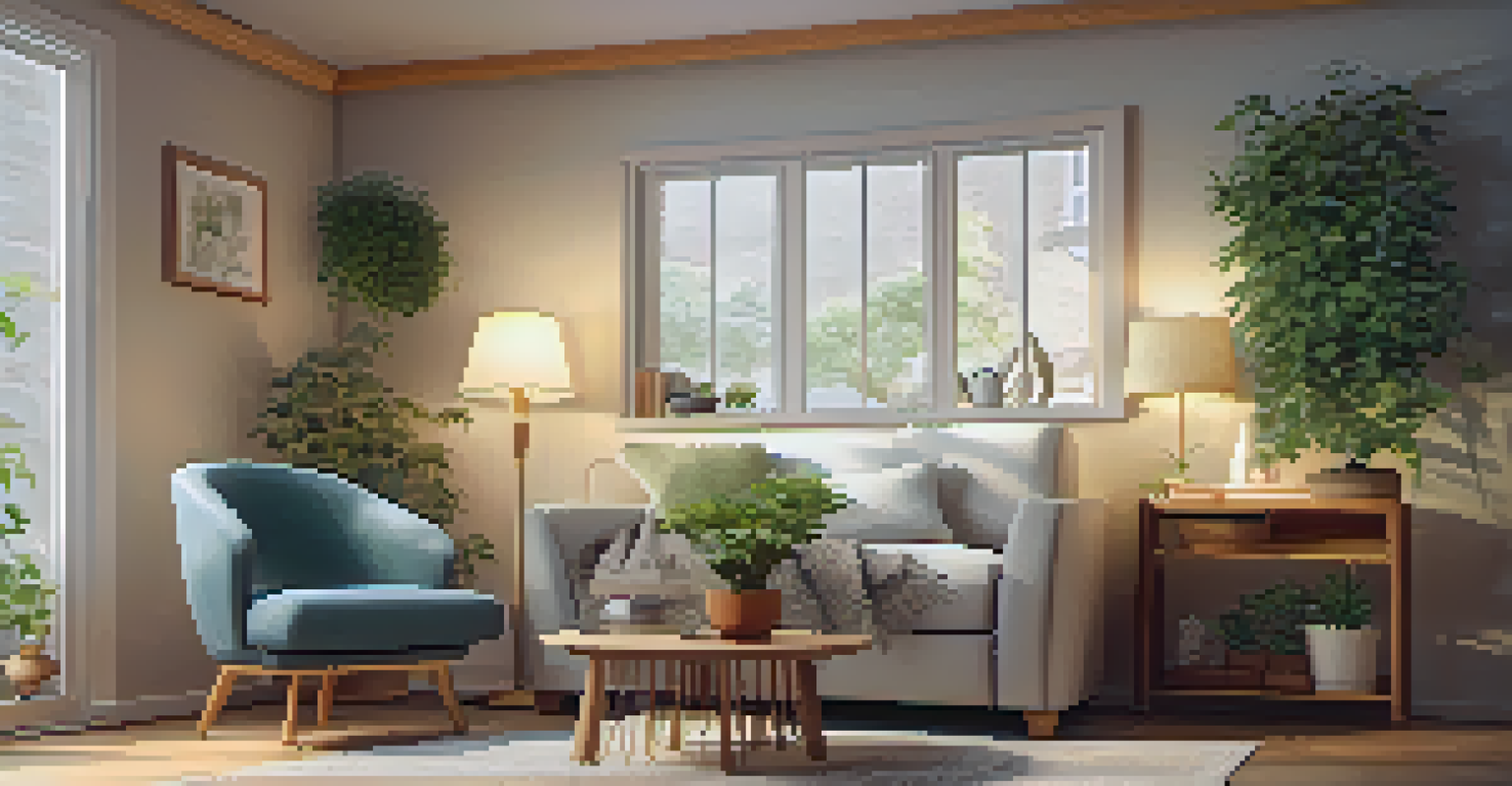 A warm and inviting therapy room with a comfortable chair, a cup of tea on a table, and calming artwork on the walls.