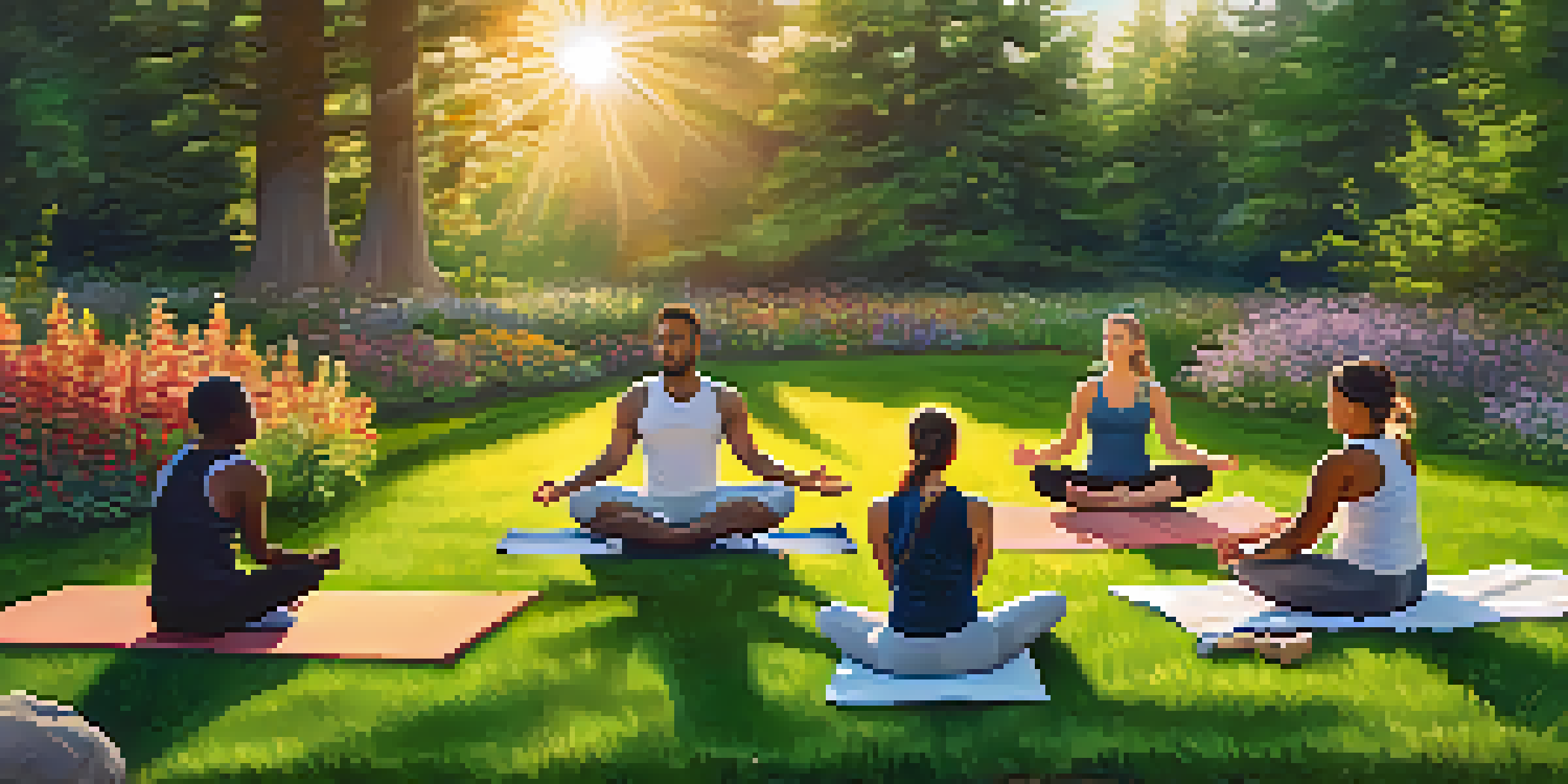A group of athletes practicing mindfulness in a park during sunset, seated on yoga mats surrounded by nature.