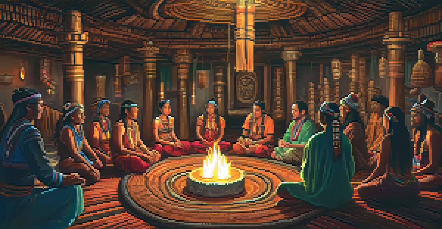 A cozy ayahuasca ceremony with participants in a circle and a shaman in traditional clothing, surrounded by colorful textiles and candlelight.