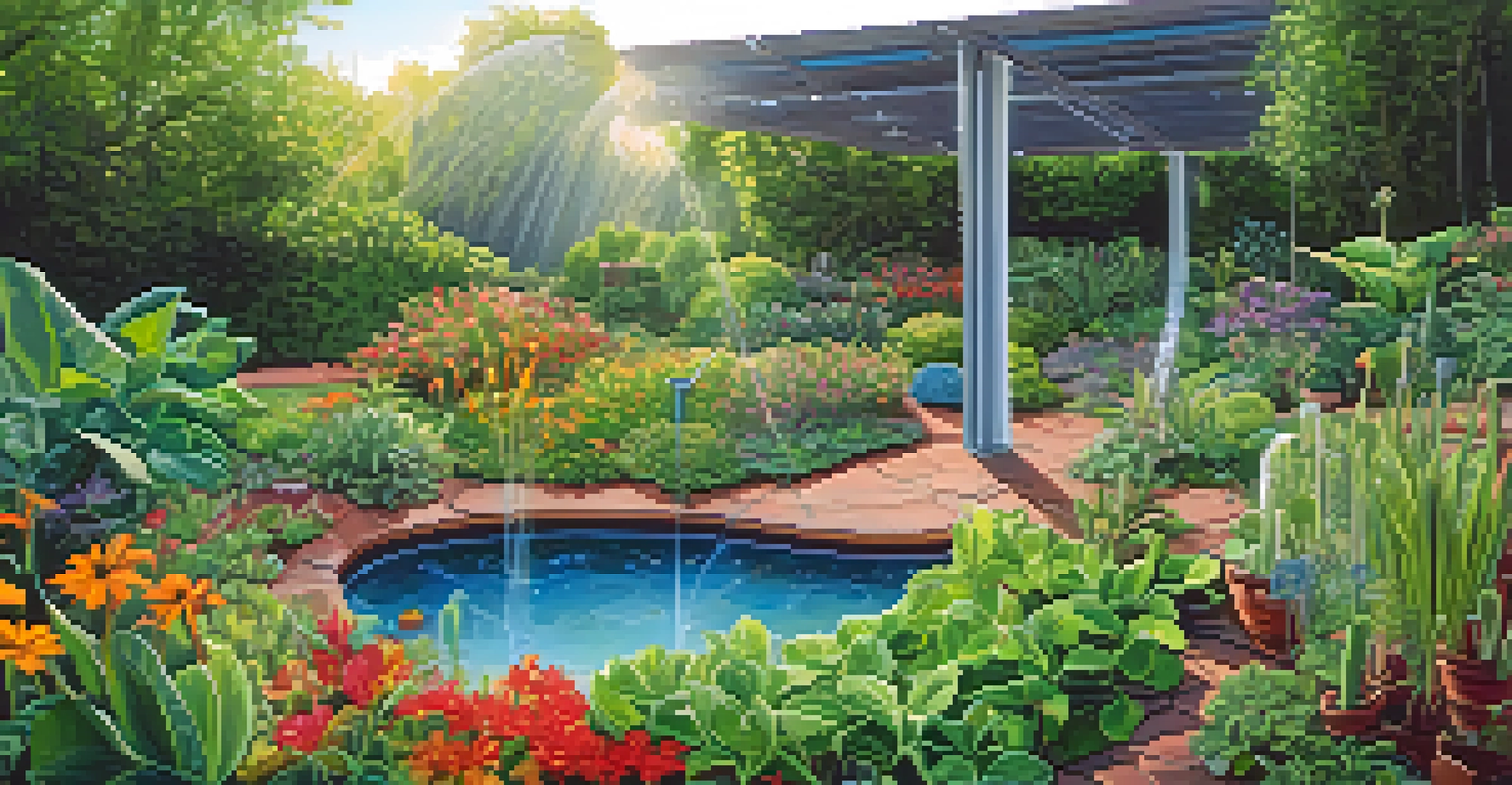 An outdoor garden with thriving entheogenic plants and a drip irrigation system, showcasing vibrant green foliage.