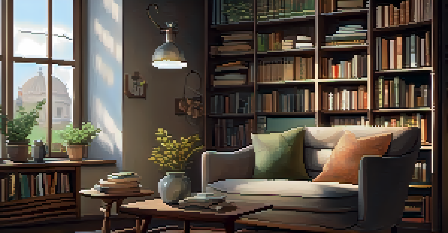 A cozy living room with an armchair, bookshelf, and a cup of tea on a wooden table, creating a warm atmosphere.