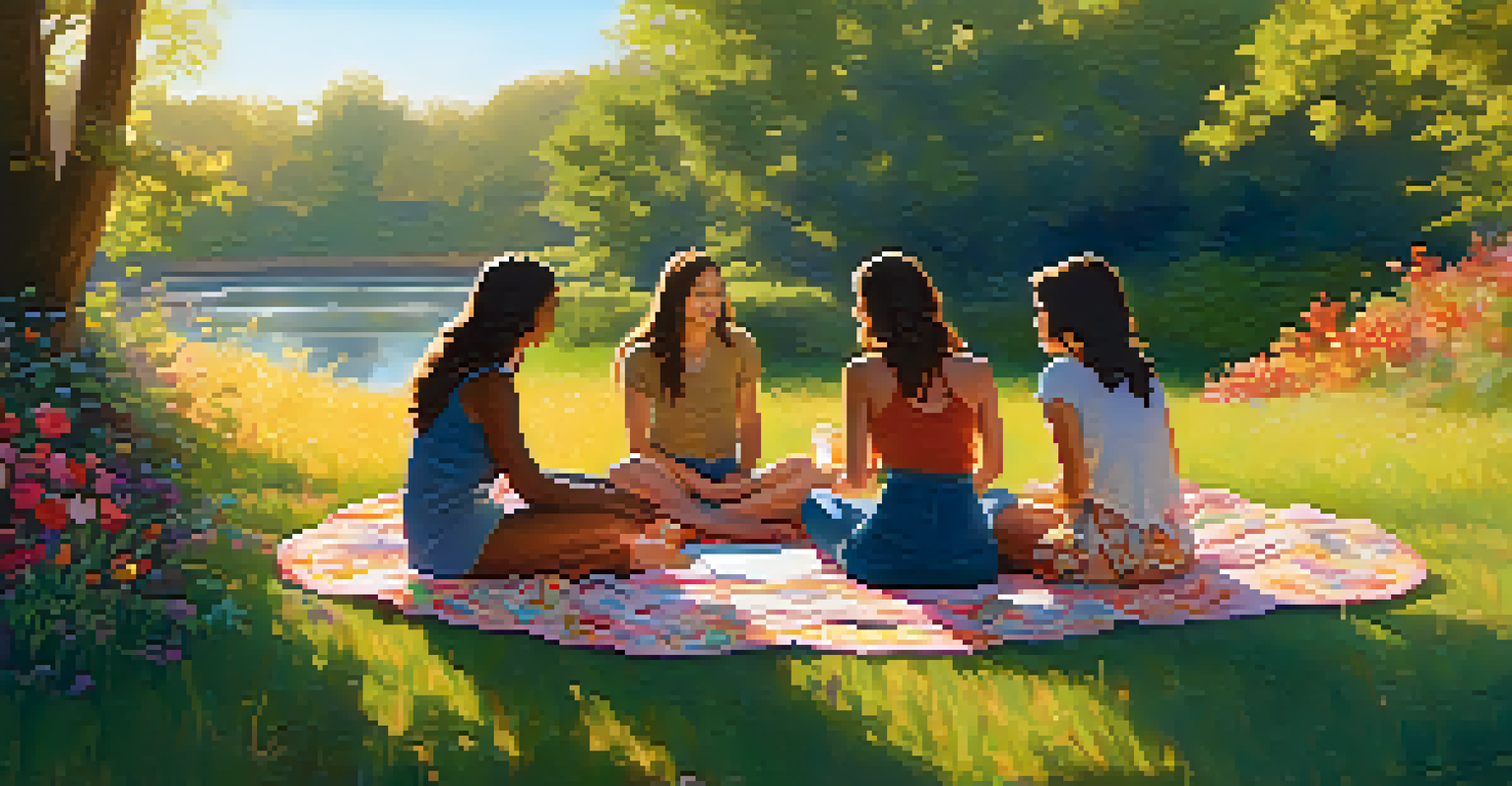 A group of friends sitting on blankets in nature, having a deep conversation, with flowers and a stream in the background during golden hour.