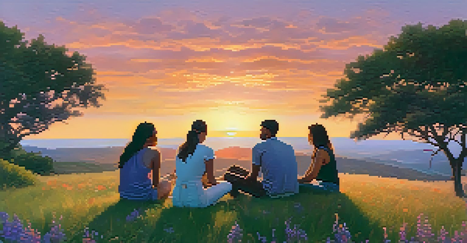 A group of diverse people sitting in a circle on a grassy hilltop during sunset, engaged in discussion.