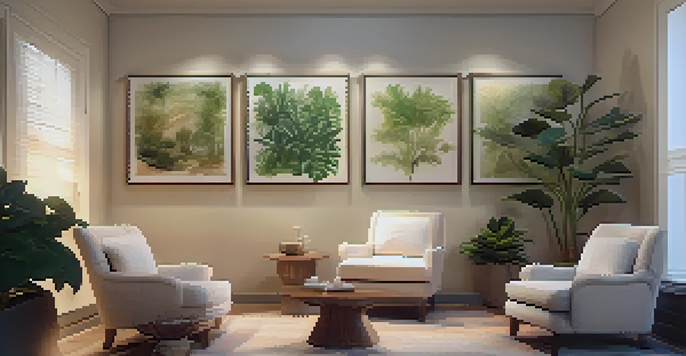 A cozy therapy room featuring a therapist and client in a warm, inviting environment filled with plants and calming artwork.