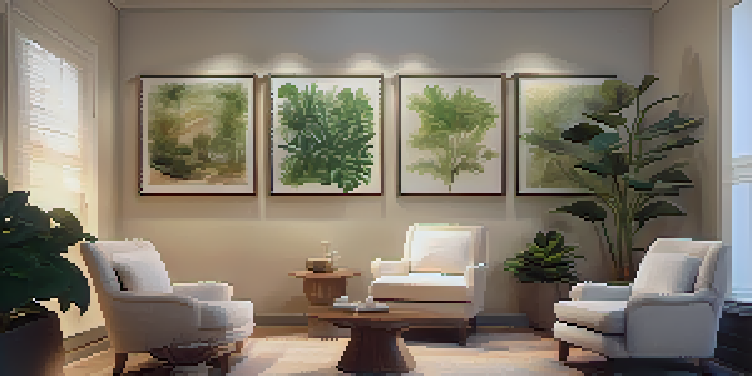 A cozy therapy room featuring a therapist and client in a warm, inviting environment filled with plants and calming artwork.