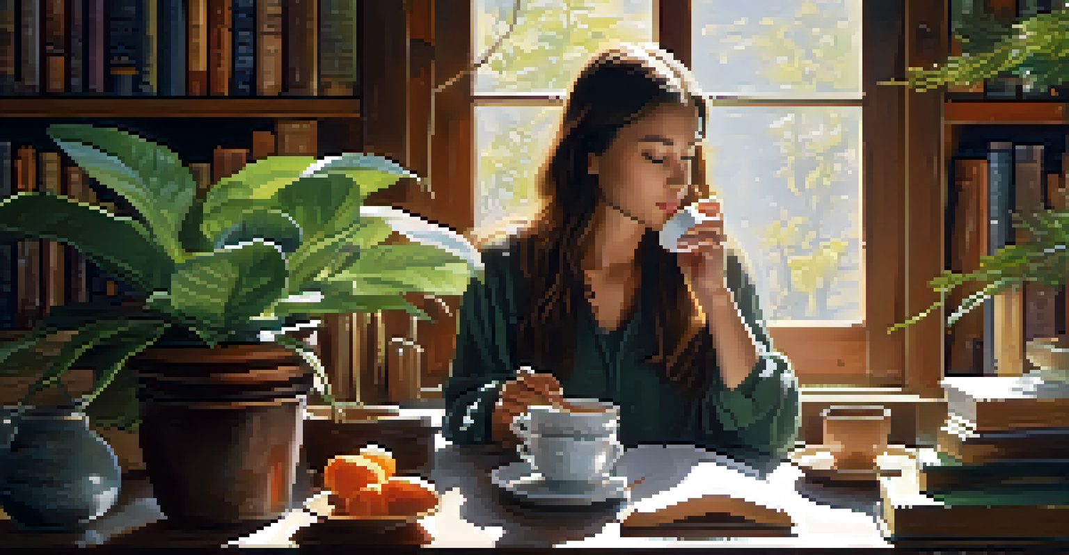 A person enjoying a cup of tea at a table with plants and books in a warm, sunlit room.