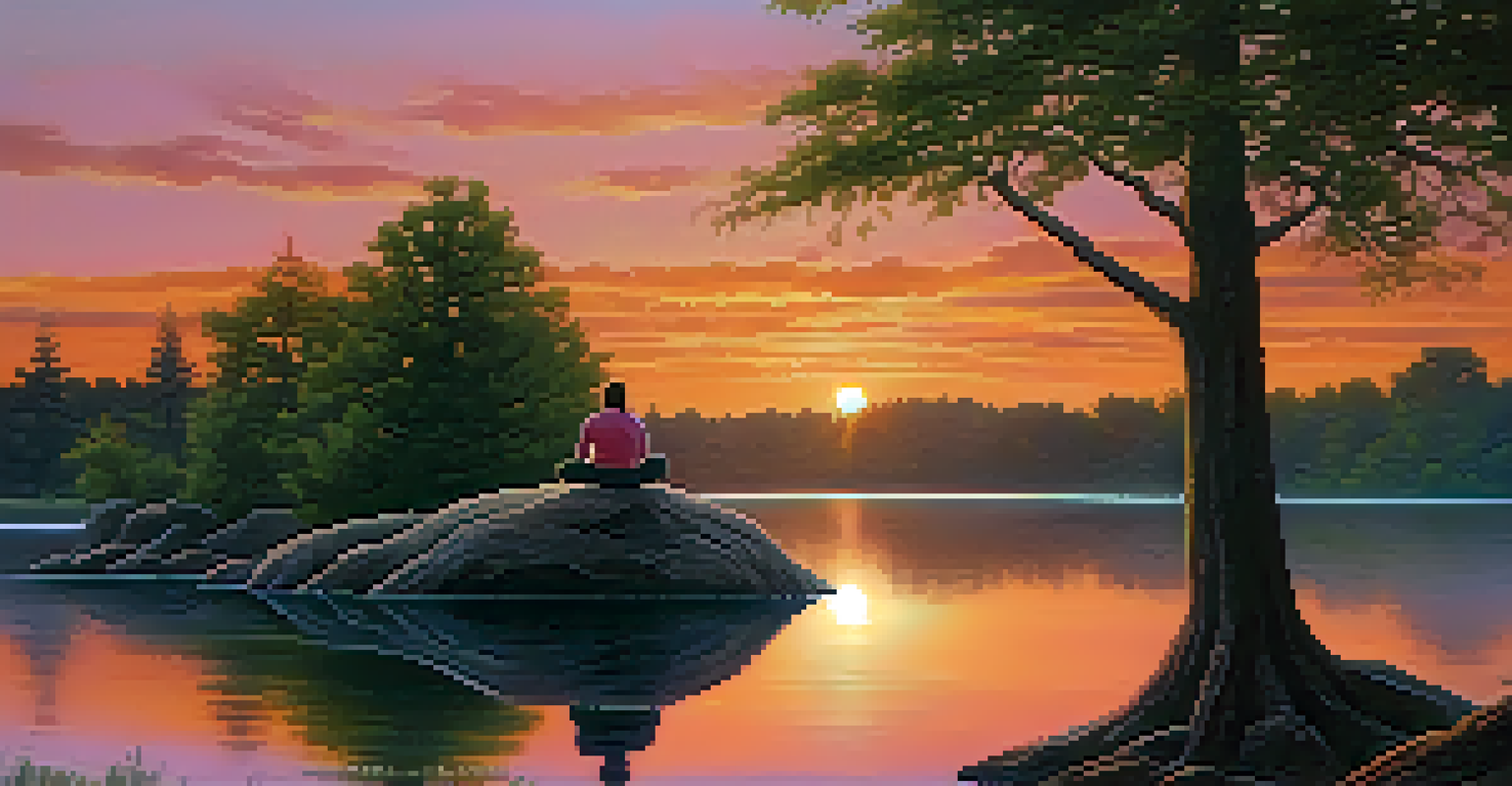 A person meditating on a rock by a calm lake at sunset, with colorful skies and silhouetted trees.