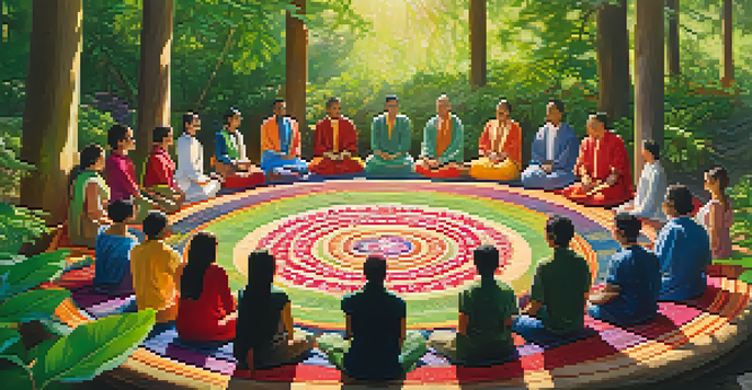 A circle of diverse individuals participating in a traditional ceremony in a lush green forest, bathed in soft sunlight.