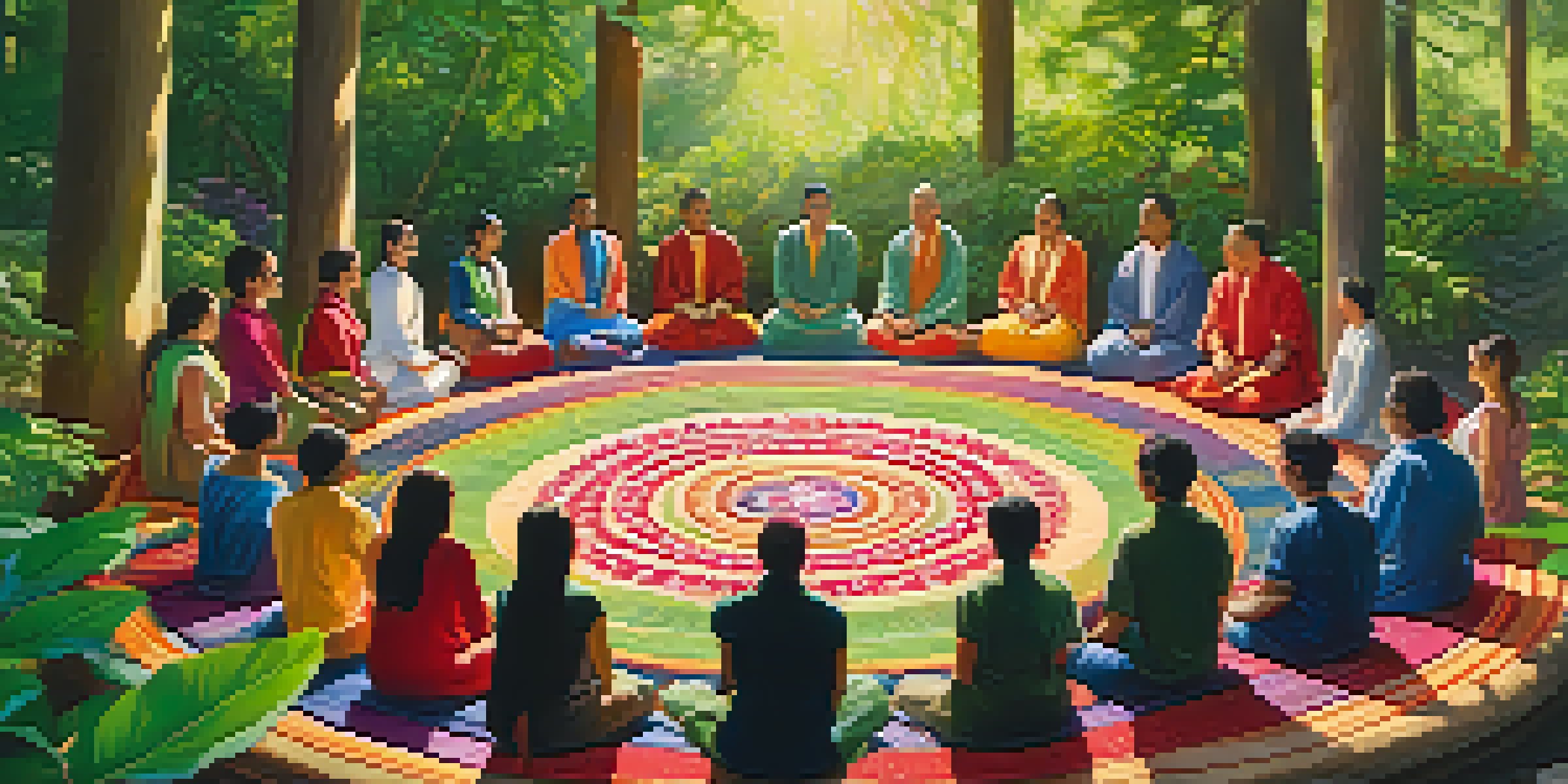 A circle of diverse individuals participating in a traditional ceremony in a lush green forest, bathed in soft sunlight.