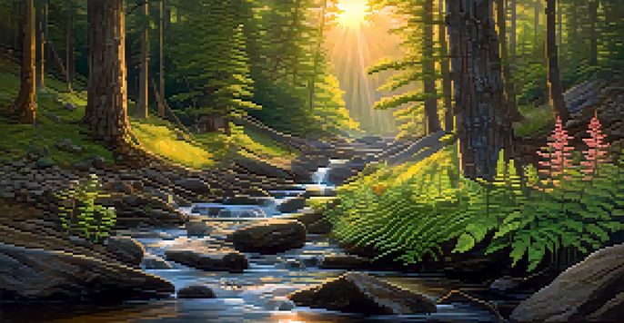 A peaceful forest with a sunset, featuring a stream, trees, and colorful flowers.