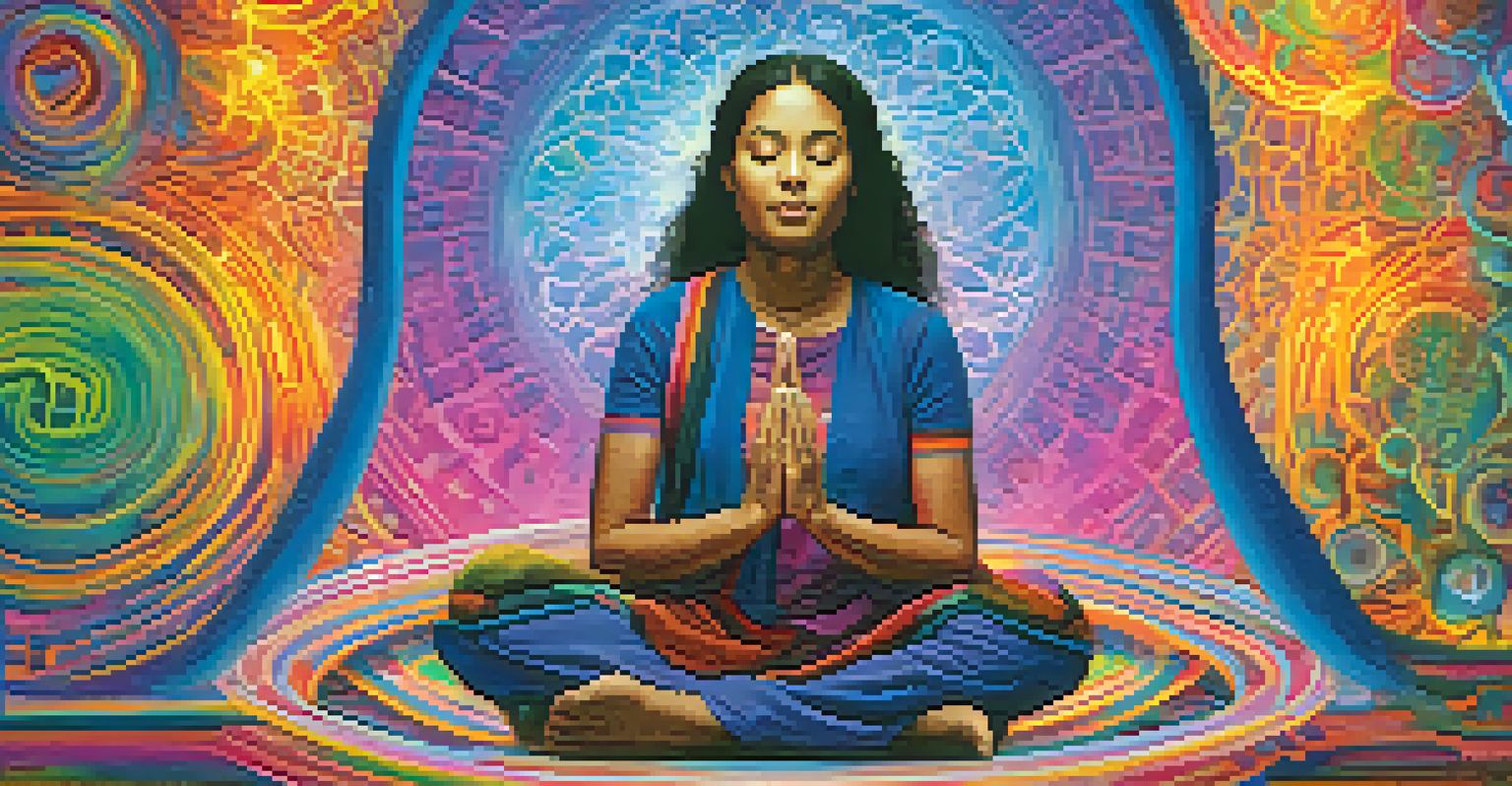 A person meditating with colorful symbols glowing around them, representing thoughts and emotions in a calming background.