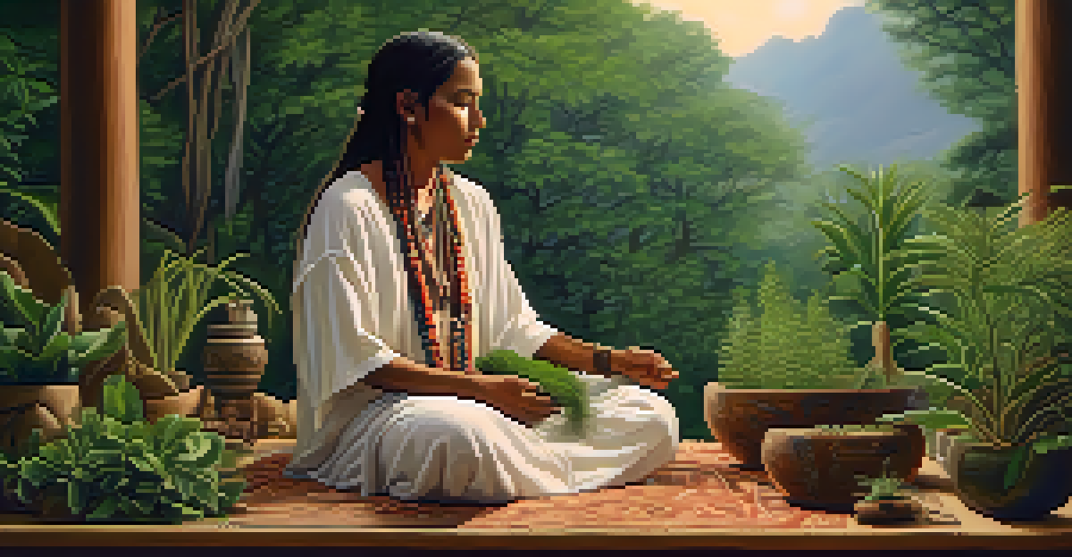An indigenous healer in a natural setting performing a traditional ceremony with plants, symbolizing cultural connection.