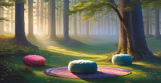 A peaceful forest clearing with sunlight filtering through trees, featuring cushions and a small table with natural elements, suggesting a tranquil space for introspection.
