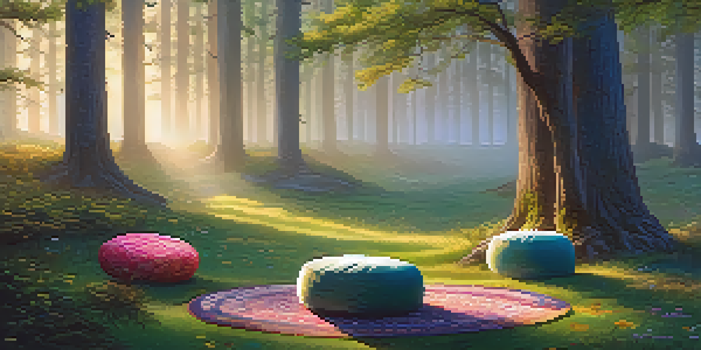 A peaceful forest clearing with sunlight filtering through trees, featuring cushions and a small table with natural elements, suggesting a tranquil space for introspection.