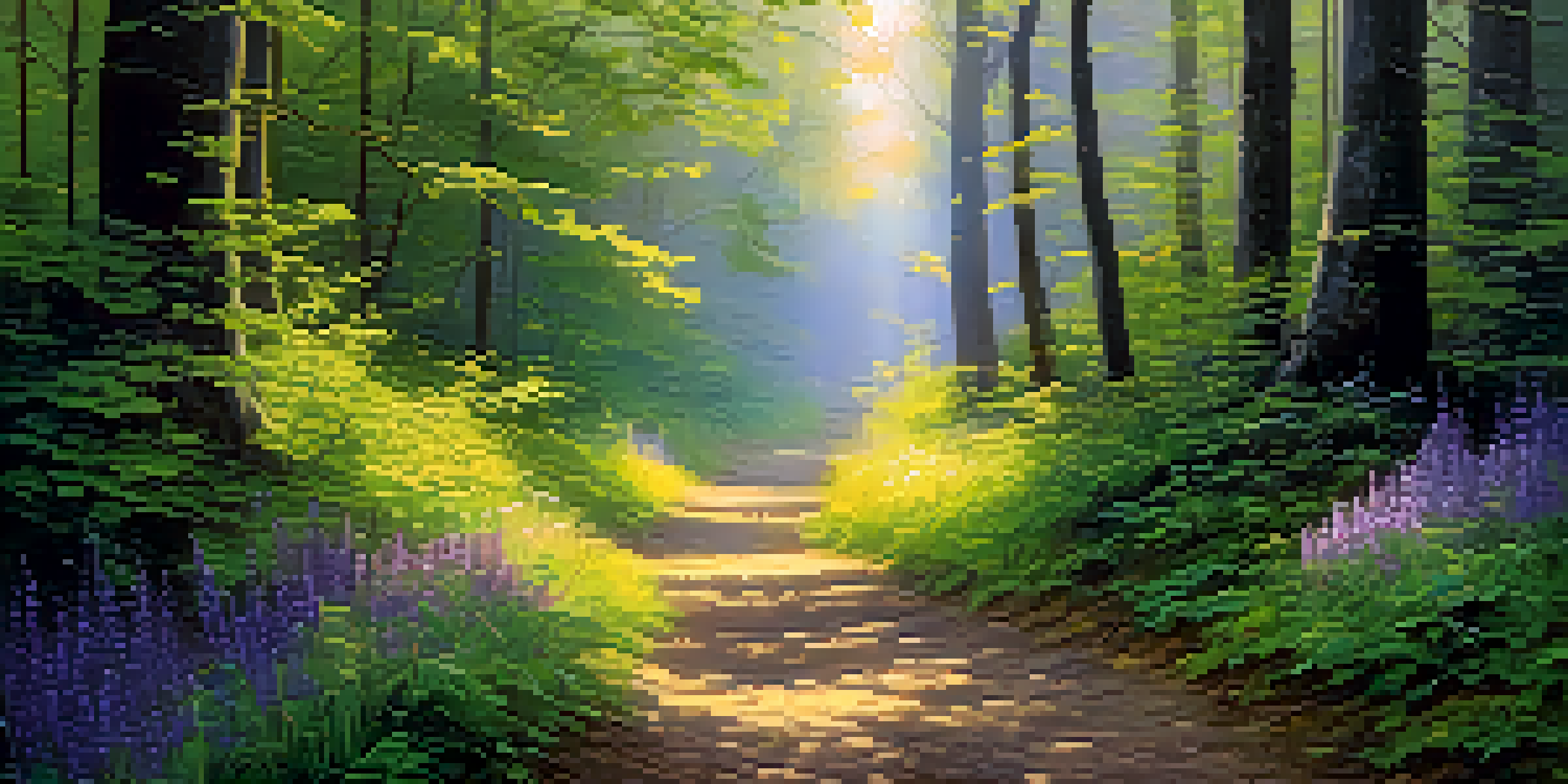 A tranquil forest with sunlight filtering through leaves, a winding path, and colorful wildflowers.