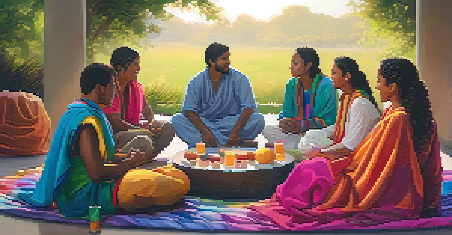 Participants sitting in a cozy circle sharing their experiences after a ceremony, surrounded by cushions and soft lighting.