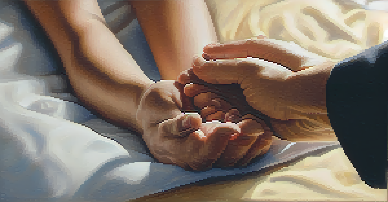 A close-up of a therapist's hand guiding a patient during a therapy session, emphasizing empathy.