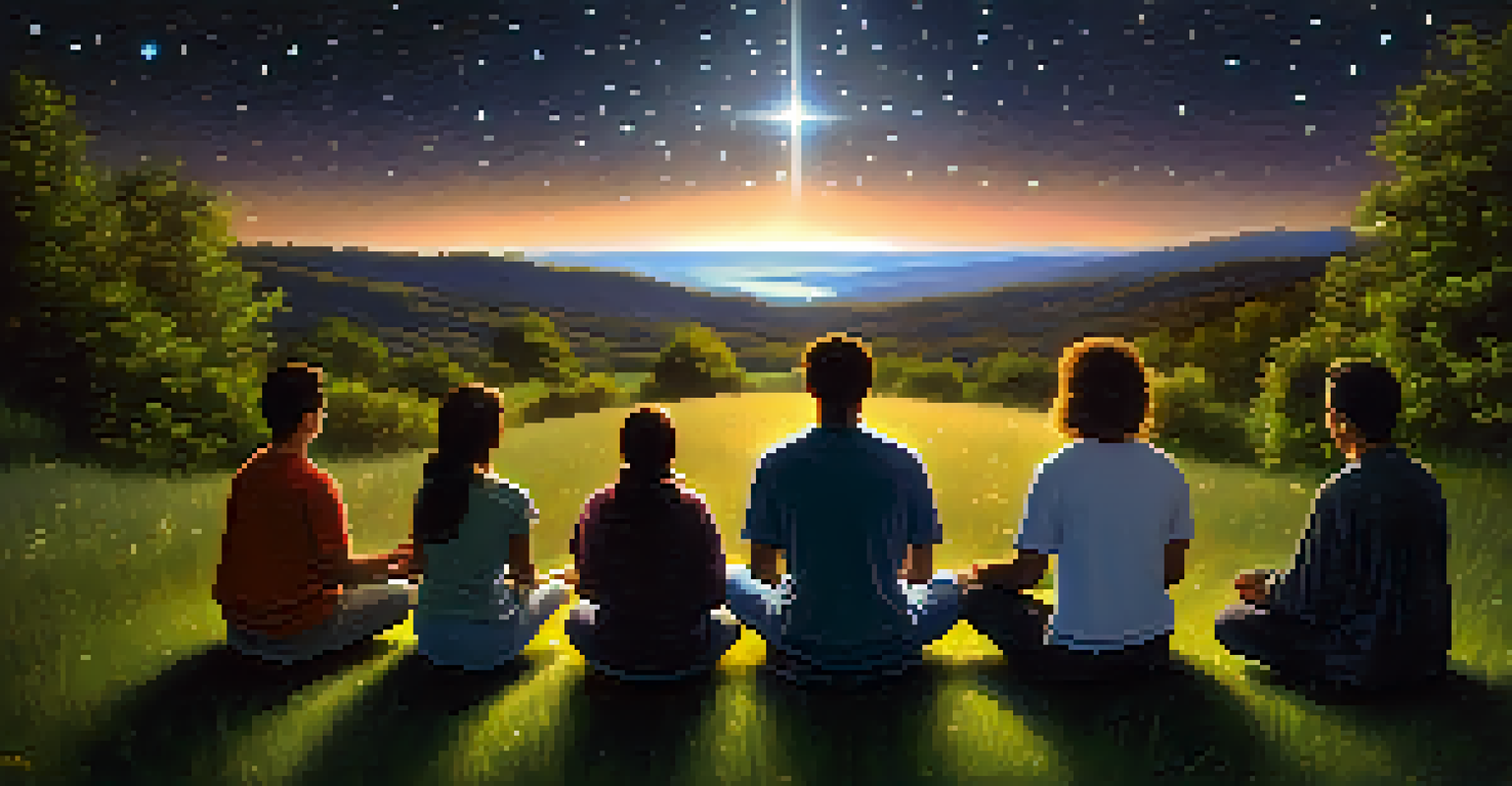 A group of diverse people meditating in a circle on a grassy hill under a starry sky.