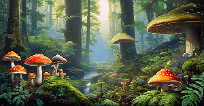 A peaceful forest with colorful mushrooms and sunlight filtering through the trees, creating a serene atmosphere.