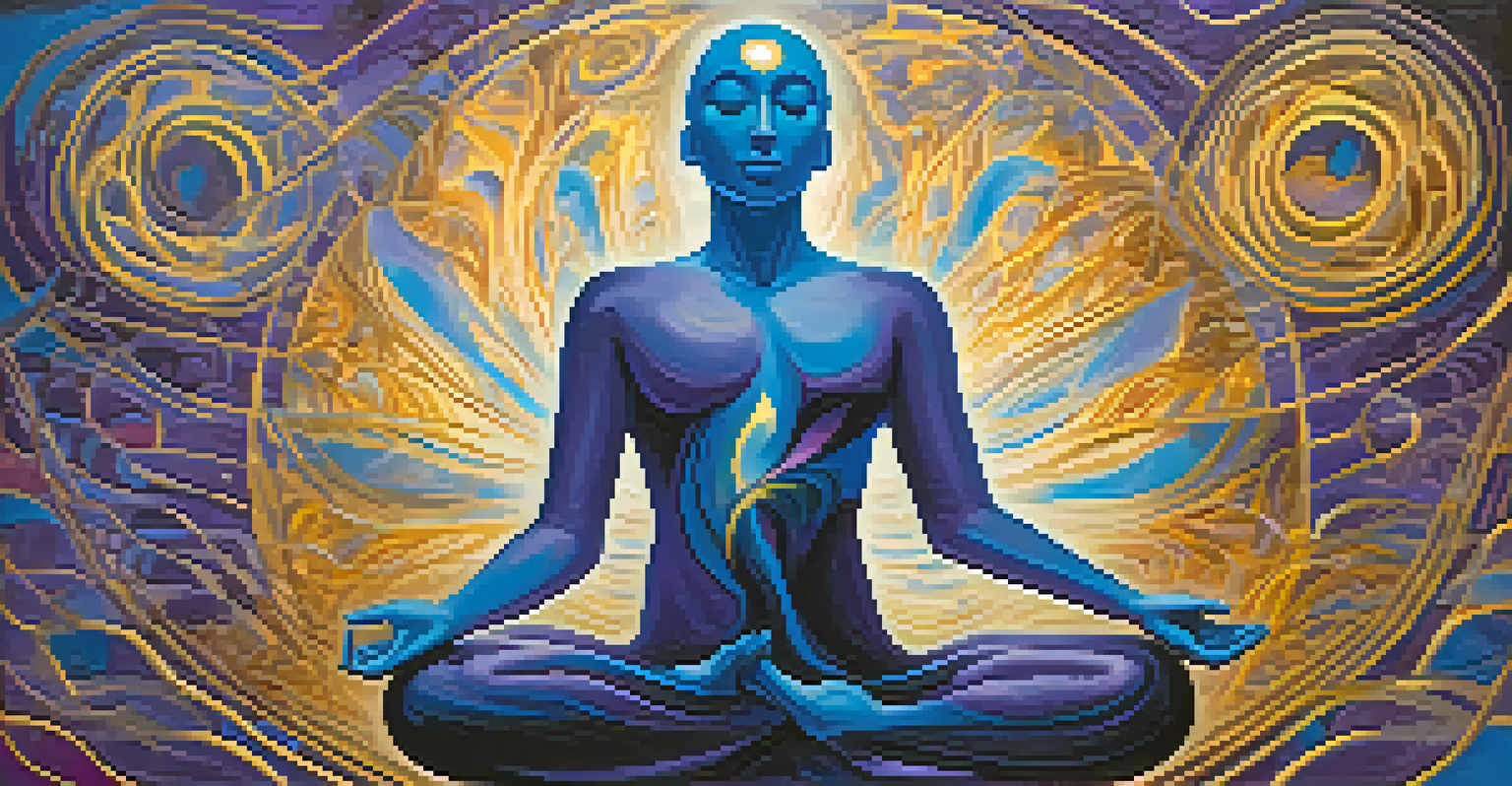 An abstract illustration of a person's mind with swirling colors and a meditating silhouette.