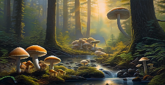 A peaceful forest with various mushrooms growing on the ground, illuminated by soft morning light.