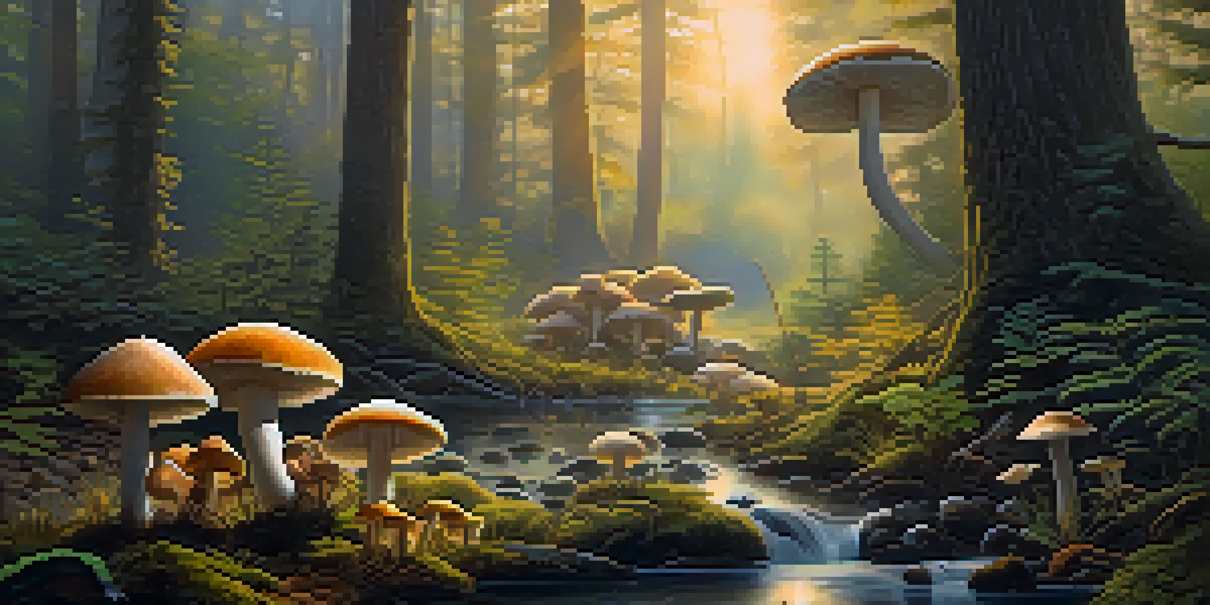 A peaceful forest with various mushrooms growing on the ground, illuminated by soft morning light.
