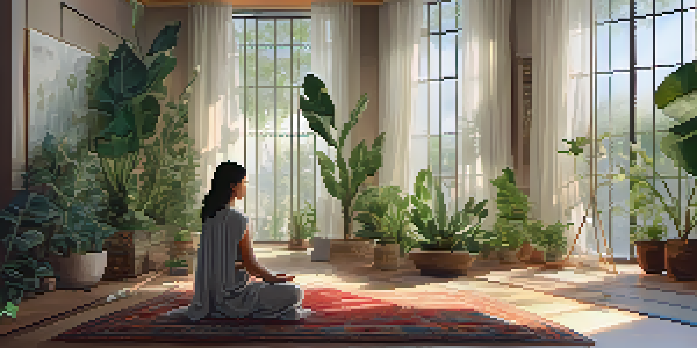 A peaceful indoor meditation space with soft lighting, plants, and a person meditating.