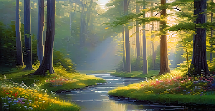 A peaceful forest scene at dawn with sunlight streaming through trees and a clear stream surrounded by wildflowers.