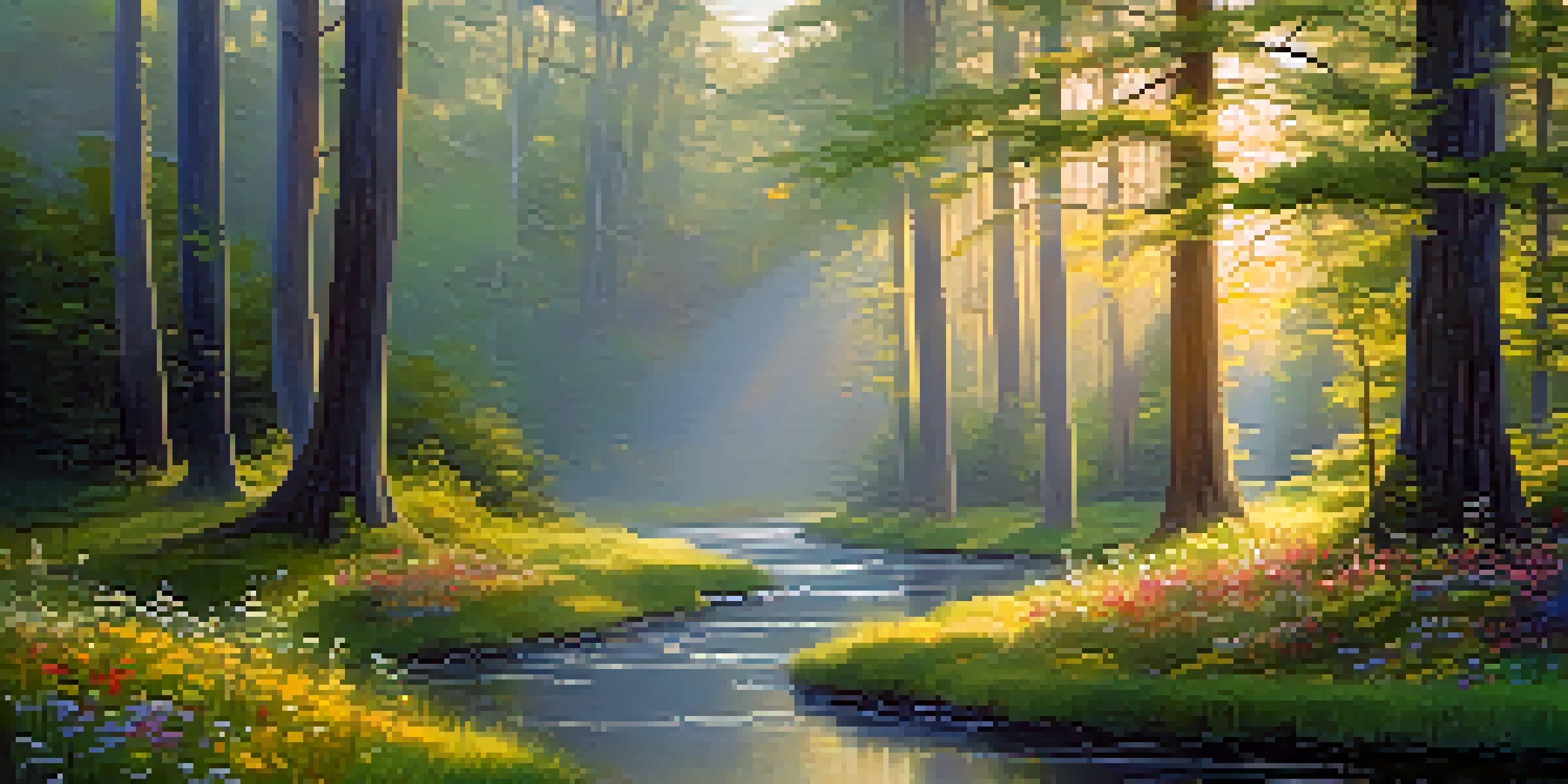 A peaceful forest scene at dawn with sunlight streaming through trees and a clear stream surrounded by wildflowers.