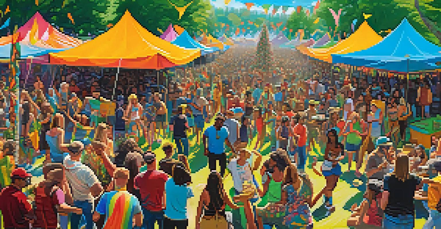 A lively outdoor festival celebrating cannabis culture with colorful tents and dancing people.