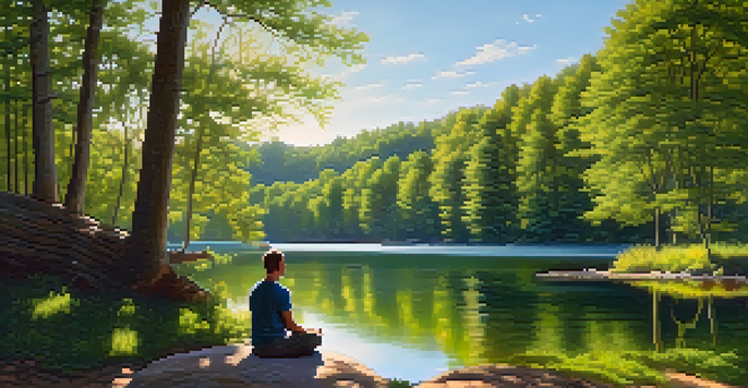 A peaceful scene of a person meditating by a tranquil lake in a lush forest, with sunlight filtering through the trees.