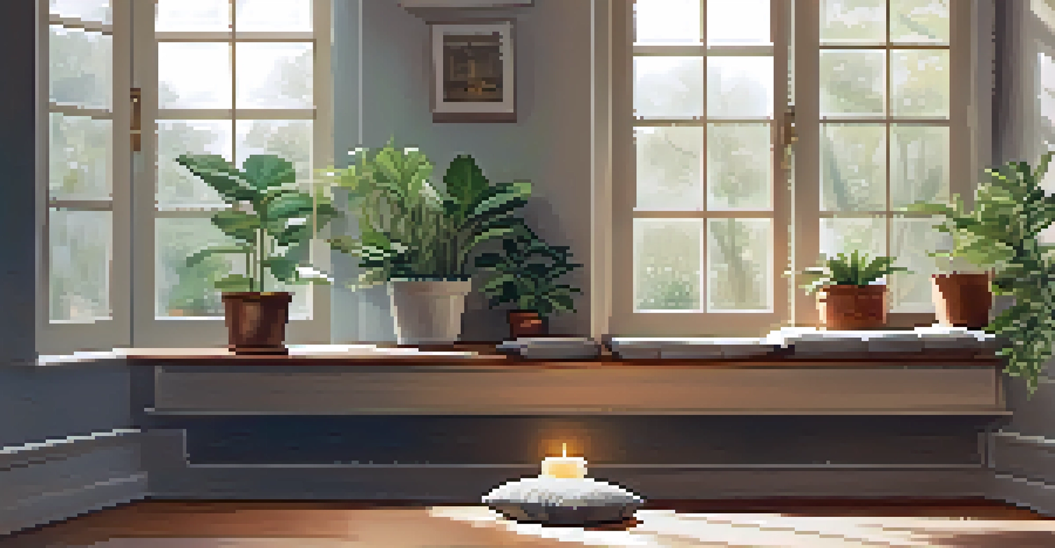 A cozy meditation space with a cushion, plants, and natural light, creating a calm and inviting atmosphere.