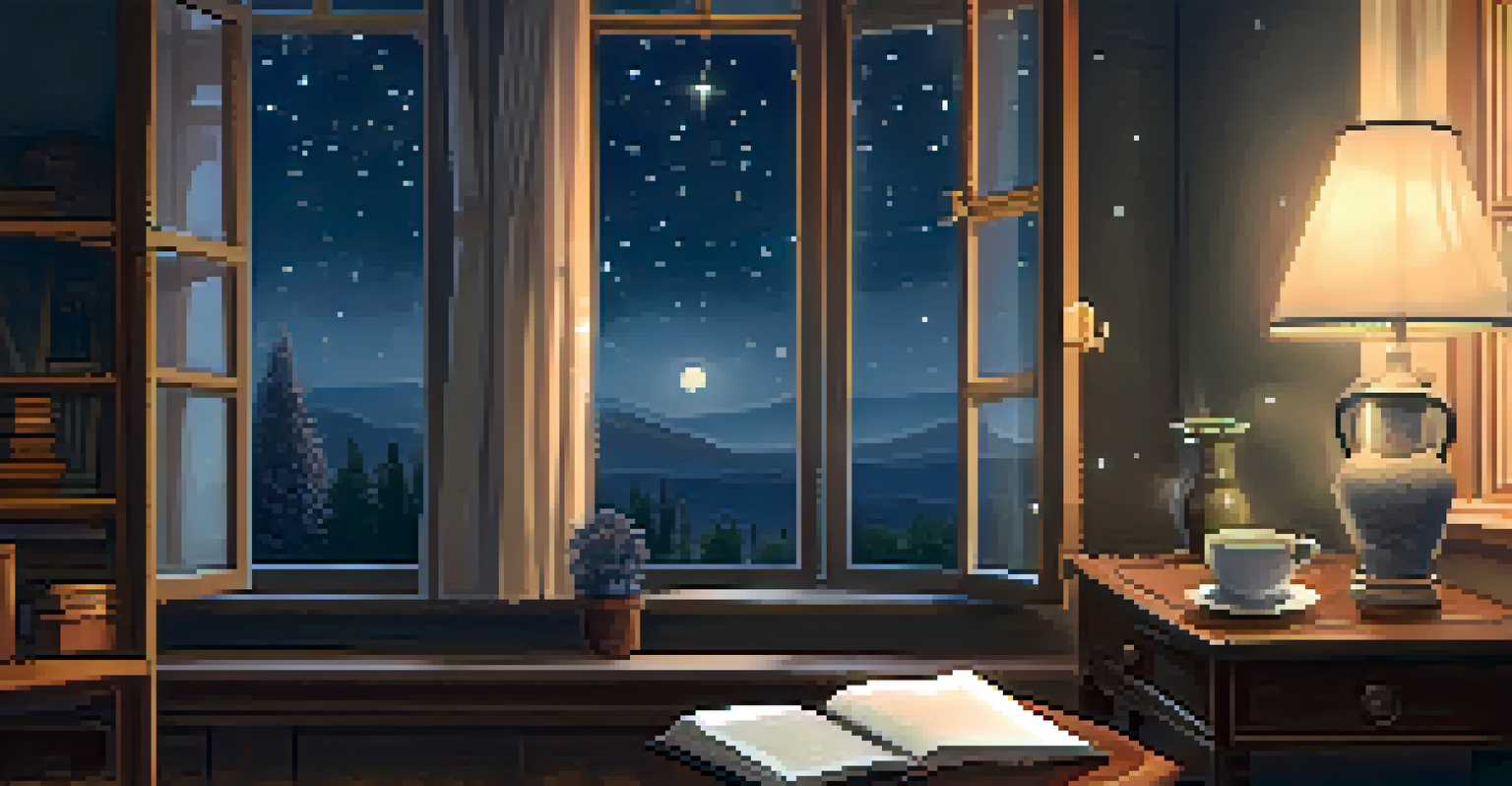 A warm and inviting room with an armchair, a journal, and a cup of tea, illuminated by soft light, with a view of the night sky outside.