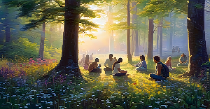 A diverse group of people meditating in a lush forest at dawn, with golden light filtering through the trees and a mist rising from the ground.