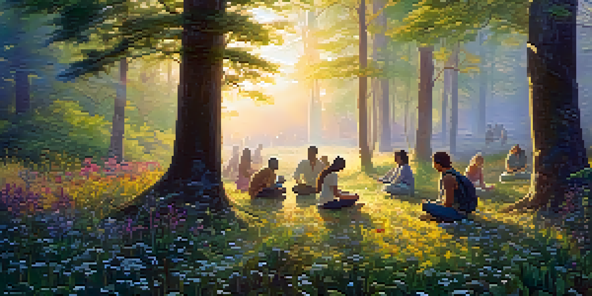 A diverse group of people meditating in a lush forest at dawn, with golden light filtering through the trees and a mist rising from the ground.