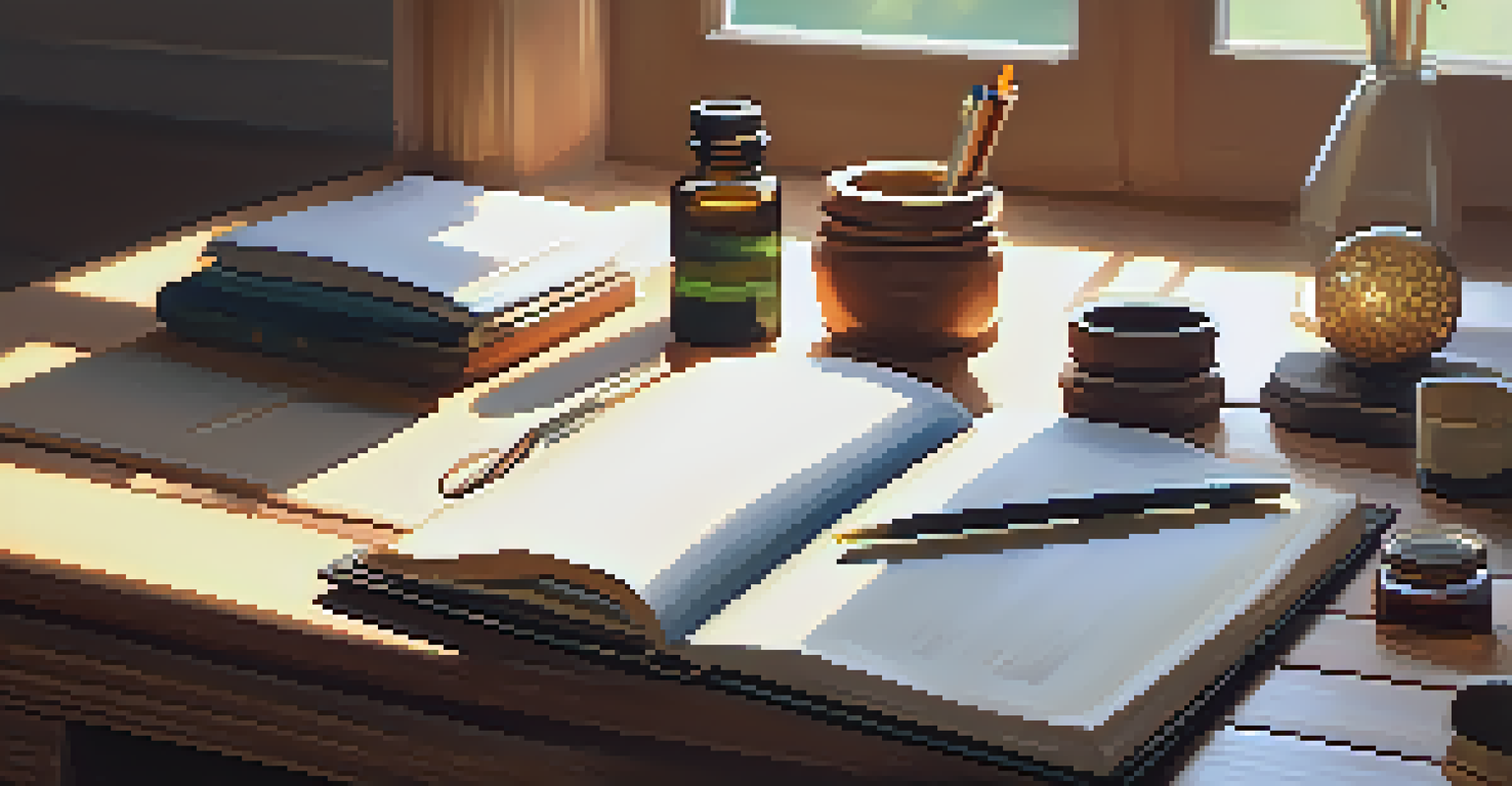 A table with psychotherapy tools like notebooks and a diffuser, illuminated by soft natural light.