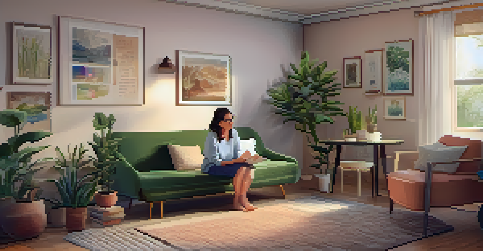 A cozy therapy room with soft lighting, where a therapist and a young adult client are engaged in a supportive conversation.