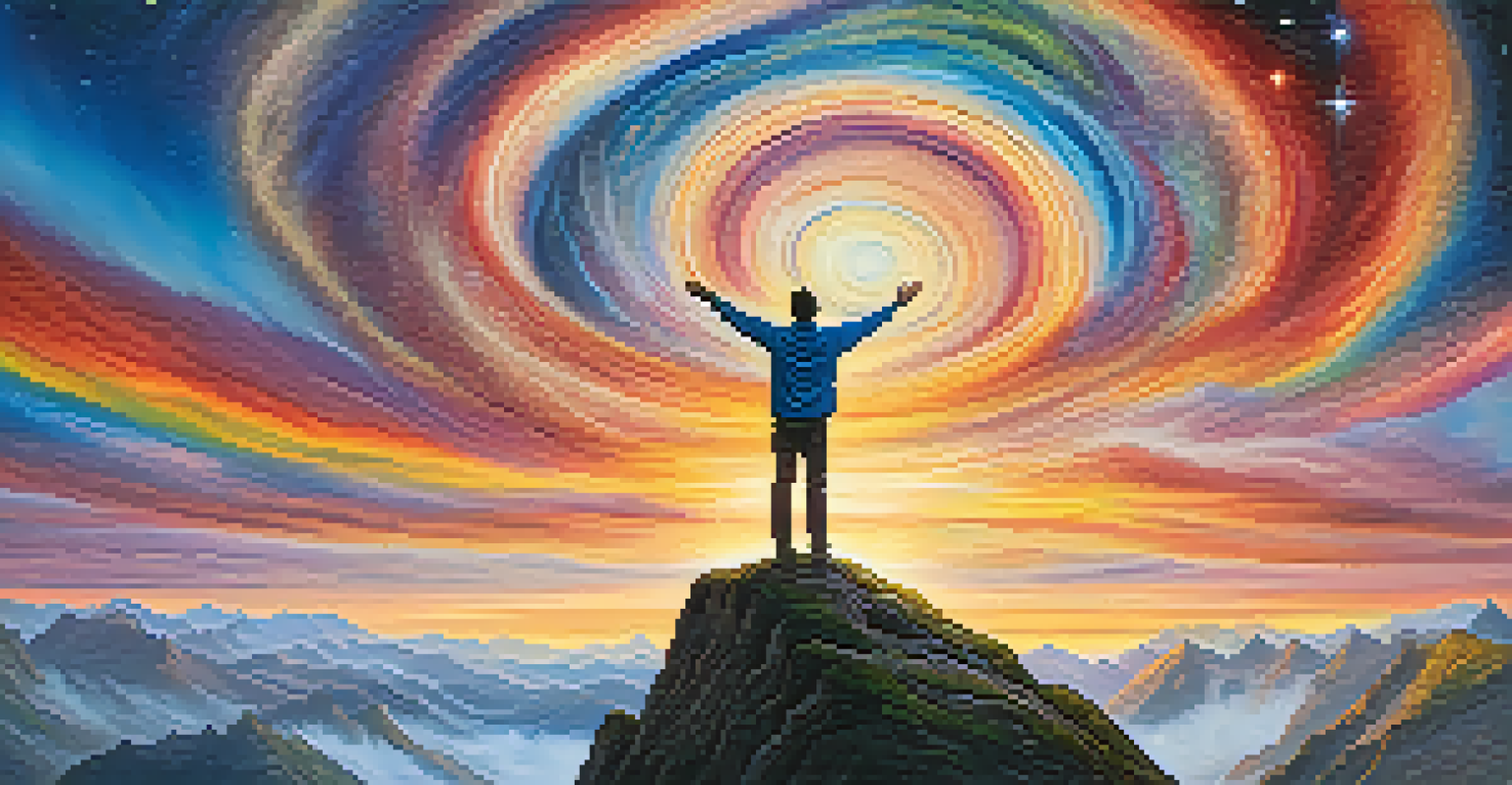 A person on a mountain peak with arms outstretched, surrounded by a colorful sky filled with clouds and stars.